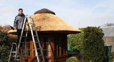 Reetdachdecker repariert traditionelles Reetdach in Schleswig-Holstein.